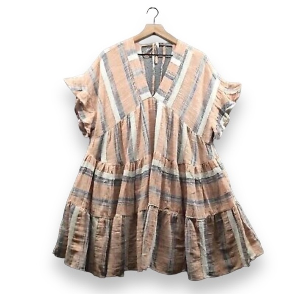 LULU’S Striped Double V-Neck Tiered Mini Dress Dusty Orange Small - Picture 1 of 7